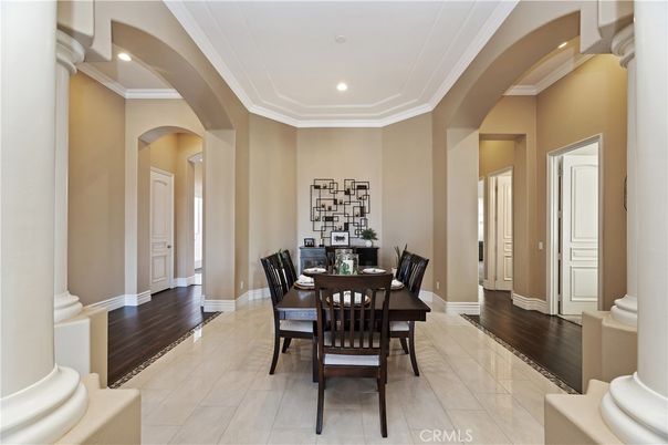 Dining room, Interior, Recessed Lighting, Wood Texture Flooring