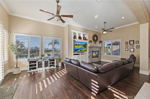 Fireplace, Interior, Living room, Recessed Lighting, Wood Texture Flooring