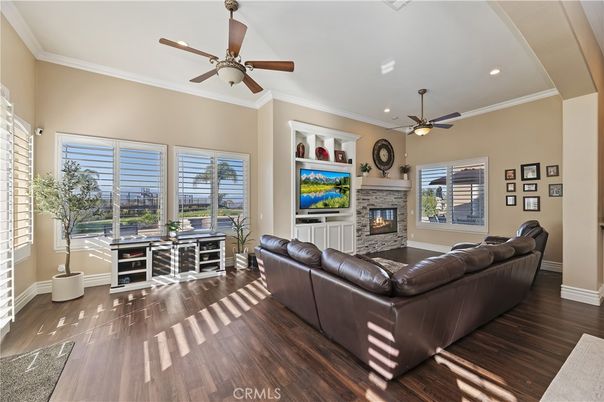 Fireplace, Interior, Living room, Recessed Lighting, Wood Texture Flooring