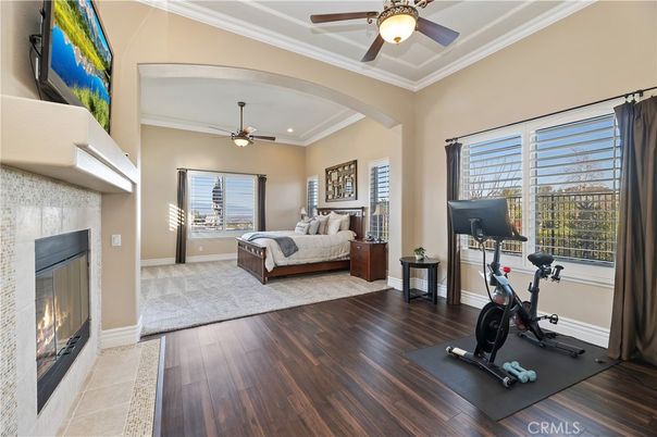 Bedroom, Fireplace, Fitness Equipment, Interior, Recessed Lighting, Wood Texture Flooring