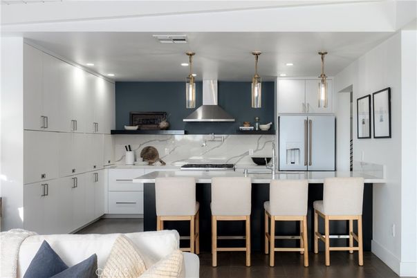 Interior, Kitchen, Marble Walls, Pendant Lights, Recessed Lighting, Wood Texture Flooring