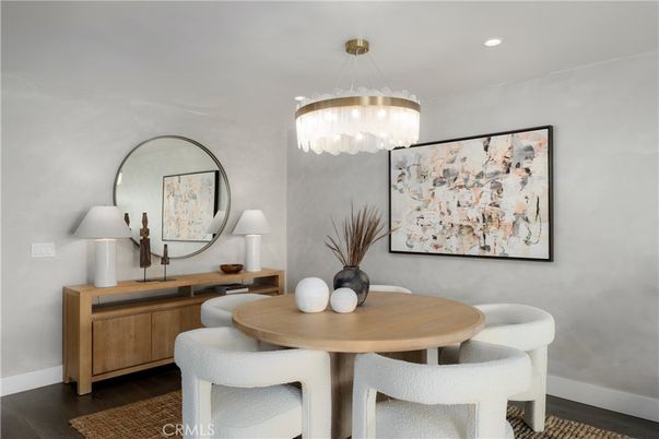 Dining room, Interior, Pendant Lights, Recessed Lighting, Wood Texture Flooring