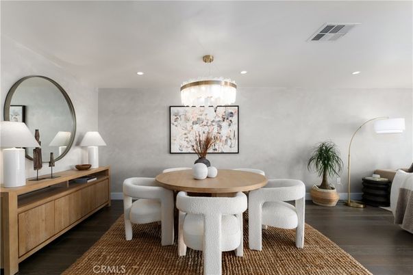 Chandelier, Dining room, Interior, Recessed Lighting, Wood Texture Flooring