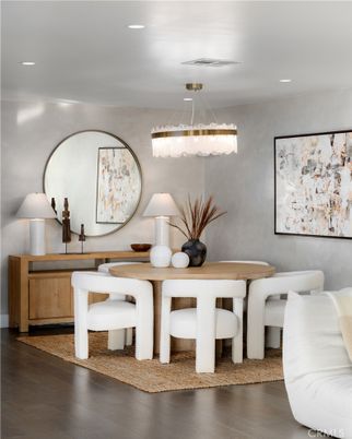 Chandelier, Dining room, Interior, Pendant Lights, Recessed Lighting, Wood Texture Flooring