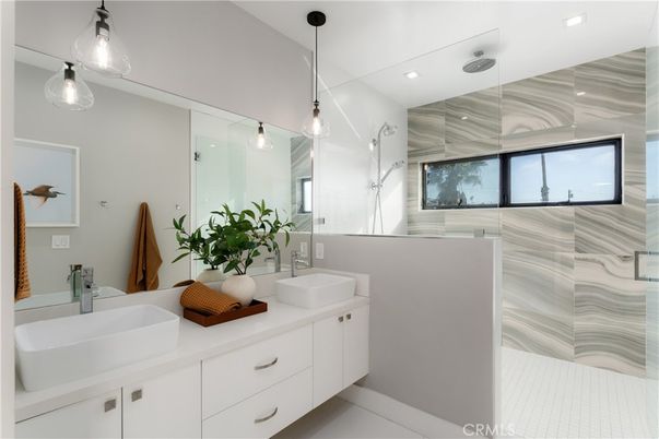 Bathroom, Dual Sink Vanities, Glass Shower, Interior, Pendant Lights, Recessed Lighting