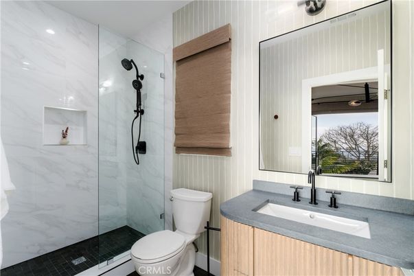 Bathroom, Glass Shower, Interior, Marble Walls, Recessed Lighting