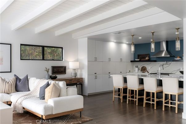 Interior, Kitchen, Marble Walls, Pendant Lights, Wood Texture Flooring