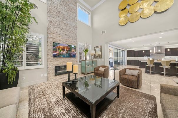 Dining room, Fireplace, Interior, Kitchen, Living room, Pendant Lights, Recessed Lighting, Stainless Steel Appliances, Stone Walls