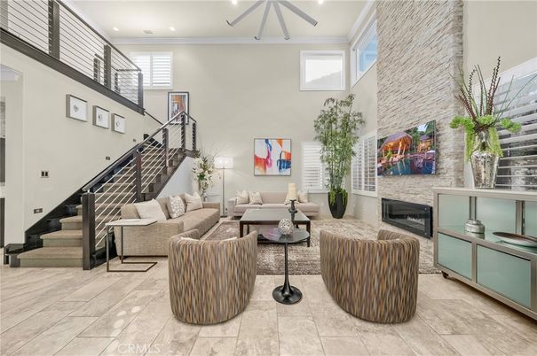 Fireplace, Interior, Living room, Recessed Lighting, Stone Walls