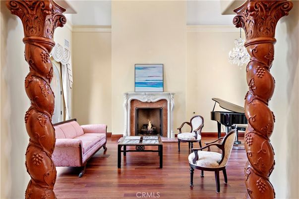 Chandelier, Fireplace, Interior, Piano, Wood Texture Flooring