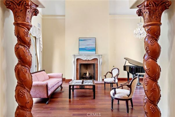 Chandelier, Fireplace, Interior, Piano, Wood Texture Flooring
