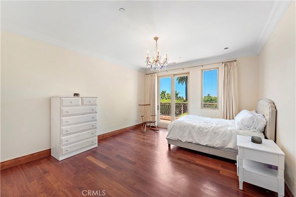 Bedroom, Chandelier, Interior, Recessed Lighting, Wood Texture Flooring