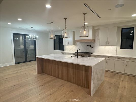 Chandelier, Interior, Kitchen, Pendant Lights, Recessed Lighting, Wood Texture Flooring