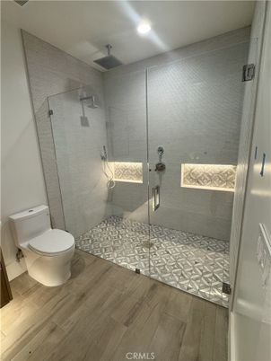Bathroom, Glass Shower, Interior, Recessed Lighting, Wood Texture Flooring