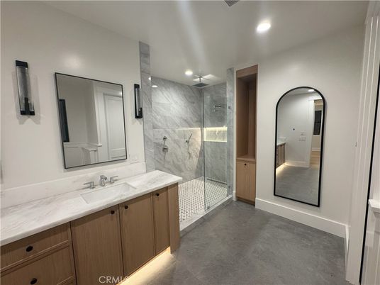 Bathroom, Glass Shower, Interior, Marble Walls, Recessed Lighting