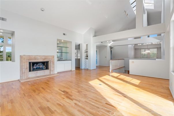 Empty room, Fireplace, Interior, Recessed Lighting, Wood Texture Flooring