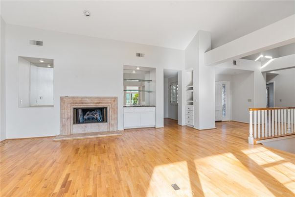 Empty room, Fireplace, Interior, Recessed Lighting, Wood Texture Flooring