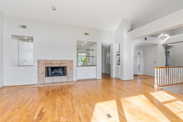 Empty room, Fireplace, Interior, Recessed Lighting, Wood Texture Flooring