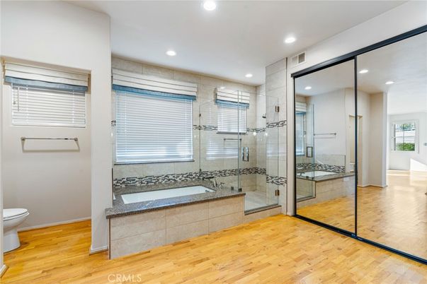 Bathroom, Glass Shower, Interior, Recessed Lighting, Wood Texture Flooring
