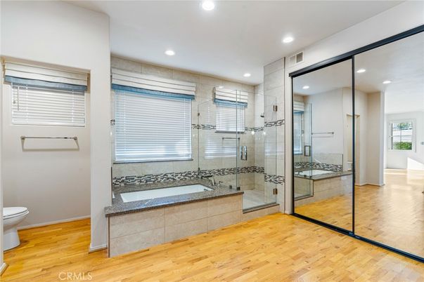 Bathroom, Glass Shower, Interior, Recessed Lighting, Wood Texture Flooring