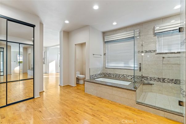 Bathroom, Glass Shower, Interior, Recessed Lighting, Wood Texture Flooring