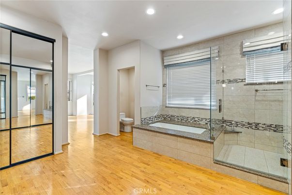 Bathroom, Glass Shower, Interior, Recessed Lighting, Wood Texture Flooring