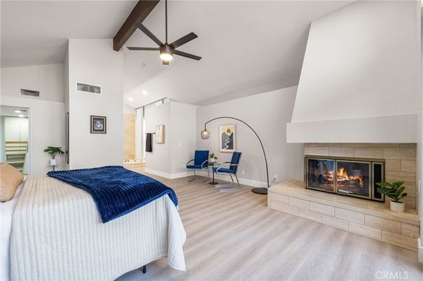 Bedroom, Fireplace, Interior, Recessed Lighting, Wooden Beams, Wood Texture Flooring