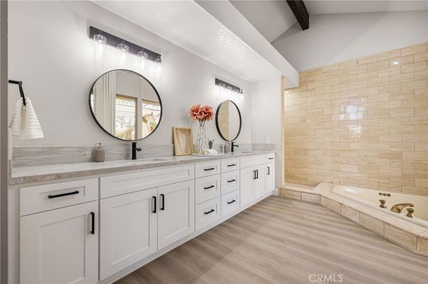 Bathroom, Dual Sink Vanities, Interior, Stone Walls, Wooden Beams, Wood Texture Flooring