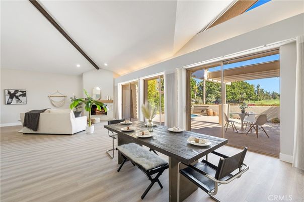 Dining room, Interior, Living room, Recessed Lighting, Wooden Beams, Wood Texture Flooring