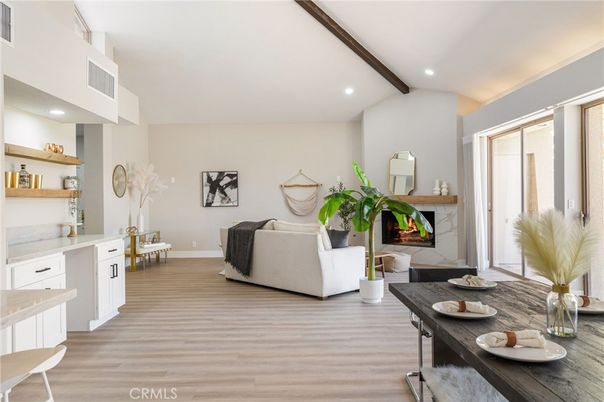 Fireplace, Interior, Living room, Recessed Lighting, Wooden Beams, Wood Texture Flooring