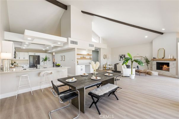 Dining room, Fireplace, Interior, Kitchen, Living room, Recessed Lighting, Stainless Steel Appliances, Wooden Beams, Wood Texture Flooring