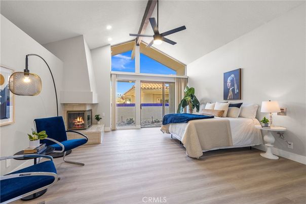 Bedroom, Fireplace, Interior, Recessed Lighting, Wood Texture Flooring