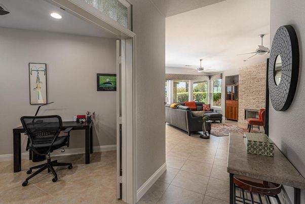 Fireplace, Home Office, Interior, Living room, Recessed Lighting, Stone Walls