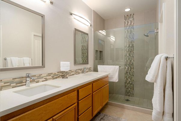 Bathroom, Dual Sink Vanities, Glass Shower, Interior, Recessed Lighting
