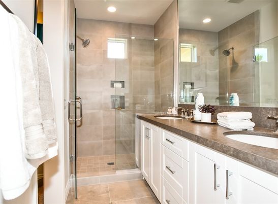Bathroom, Dual Sink Vanities, Glass Shower, Interior, Recessed Lighting