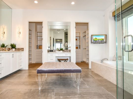 Bathroom, Dual Sink Vanities, Glass Shower, Interior, Recessed Lighting, Walk-in Closets