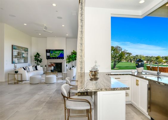 Fireplace, Interior, Kitchen, Living room, Recessed Lighting