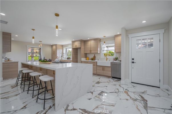 Interior, Kitchen, Marble, Pendant Lights, Recessed Lighting, Stainless Steel Appliances
