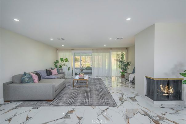 Fireplace, Interior, Living room, Marble, Recessed Lighting