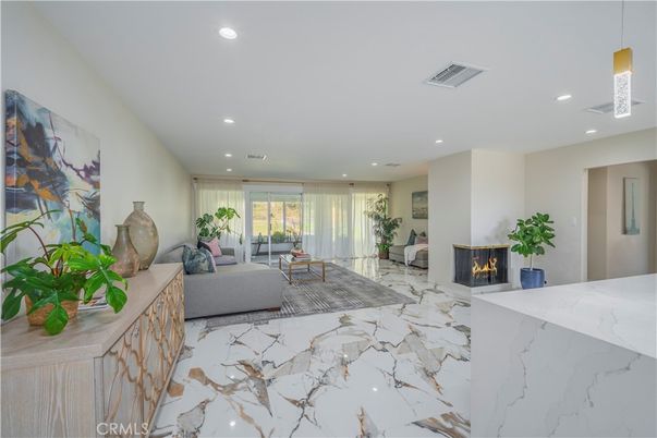 Fireplace, Interior, Living room, Marble, Pendant Lights, Recessed Lighting