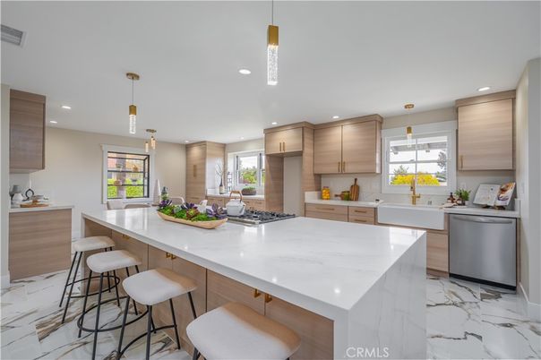 Interior, Kitchen, Marble, Pendant Lights, Recessed Lighting, Stainless Steel Appliances