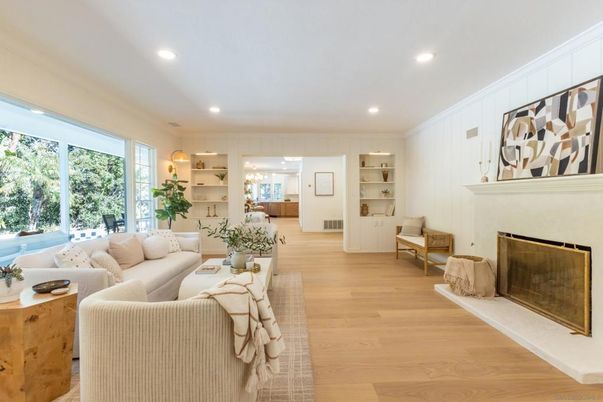 Fireplace, Interior, Living room, Recessed Lighting, Wood Texture Flooring