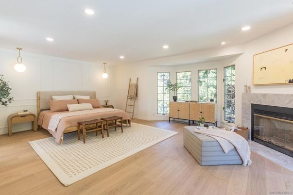 Bedroom, Fireplace, Interior, Pendant Lights, Recessed Lighting, Wood Texture Flooring