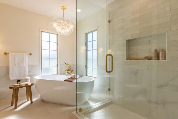 Bathroom, Free Standing Baths, Glass Shower, Interior, Pendant Lights, Recessed Lighting, Stone Walls