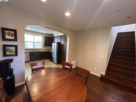 Dining room, Interior, Kitchen, Recessed Lighting, Wood Texture Flooring