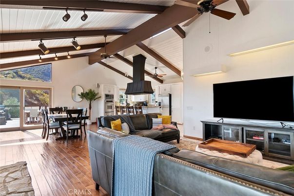 Dining room, Interior, Kitchen, Living room, Pendant Lights, Wooden Beams, Wood Texture Flooring