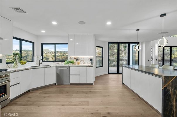 Interior, Kitchen, Pendant Lights, Recessed Lighting, Stainless Steel Appliances, Wood Texture Flooring
