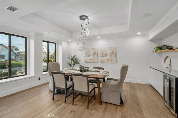 Dining room, Interior, Pendant Lights, Recessed Lighting, Wood Texture Flooring