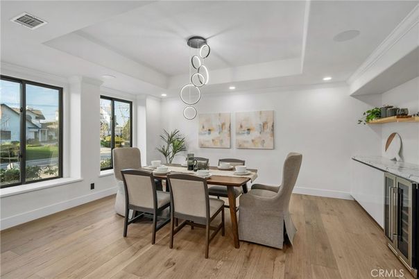 Dining room, Interior, Pendant Lights, Recessed Lighting, Wood Texture Flooring