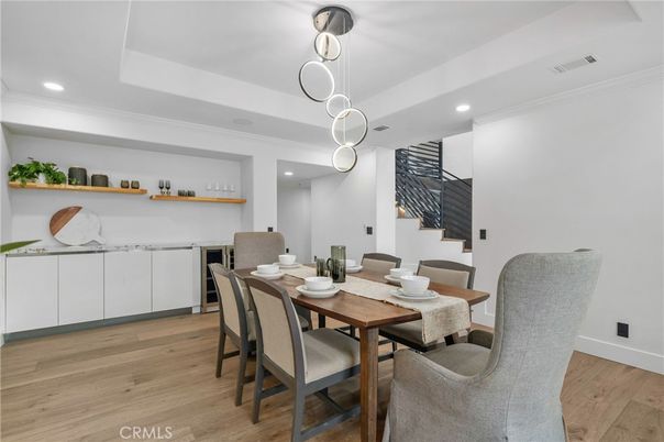 Dining room, Interior, Pendant Lights, Recessed Lighting, Wood Texture Flooring